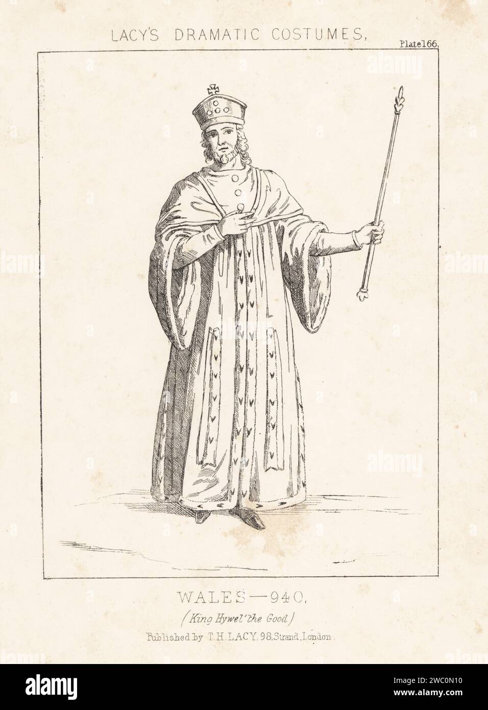 Hywel ap Cadell, known as Hywel dda or Hywel the good, King of Wales, reigned c.942-948. In crown, dalmatic lined with ermine, holding a sceptre. King Hywel the Good, Wales, 940. Lithograph after Charles Hamilton Smith from Thomas Hailes Lacy's Male Costumes, Historical, National and Dramatic in 200 Plates, London, 1865. Lacy (1809-1873) was a British actor, playwright, theatrical manager and publisher. Stock Photo