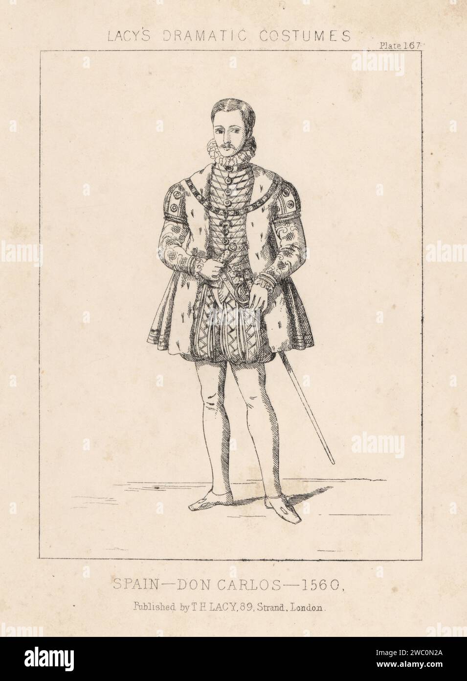 Costume of Don Carlos of Spain, 1560. Carlos, Prince of Asturias, eldest son and heir apparent of King Philip II, 1545-68. In ermine-lined doublet, ruff collar, breeches and hose, holding a dagger. Lithograph from Thomas Hailes Lacy's Male Costumes, Historical, National and Dramatic in 200 Plates, London, 1865. Lacy (1809-1873) was a British actor, playwright, theatrical manager and publisher. Stock Photo