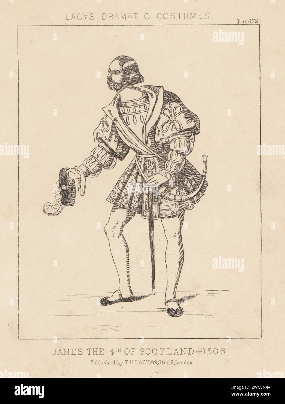 Costume of King James IV of Scotland 1506. In quilted doublet and hose, court sword and hunting horn hanging from his belt, holding a plumed cap. Lithograph from Thomas Hailes Lacy's Male Costumes, Historical, National and Dramatic in 200 Plates, London, 1865. Lacy (1809-1873) was a British actor, playwright, theatrical manager and publisher. Stock Photo