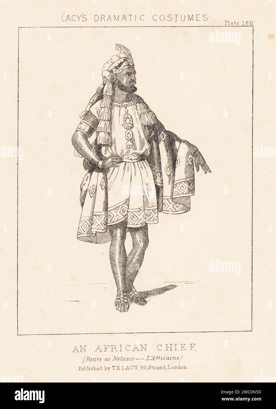 French baritone opera singer Jean-Baptiste Faure as African chief Nelusco in Giacomo Meyerbeer's L'Africaine, Opera de Paris, 1865. In blackface wearing turban, tunic, shawl and sandals. Lithograph from Thomas Hailes Lacy's Male Costumes, Historical, National and Dramatic in 200 Plates, London, 1865. Lacy (1809-1873) was a British actor, playwright, theatrical manager and publisher. Stock Photo