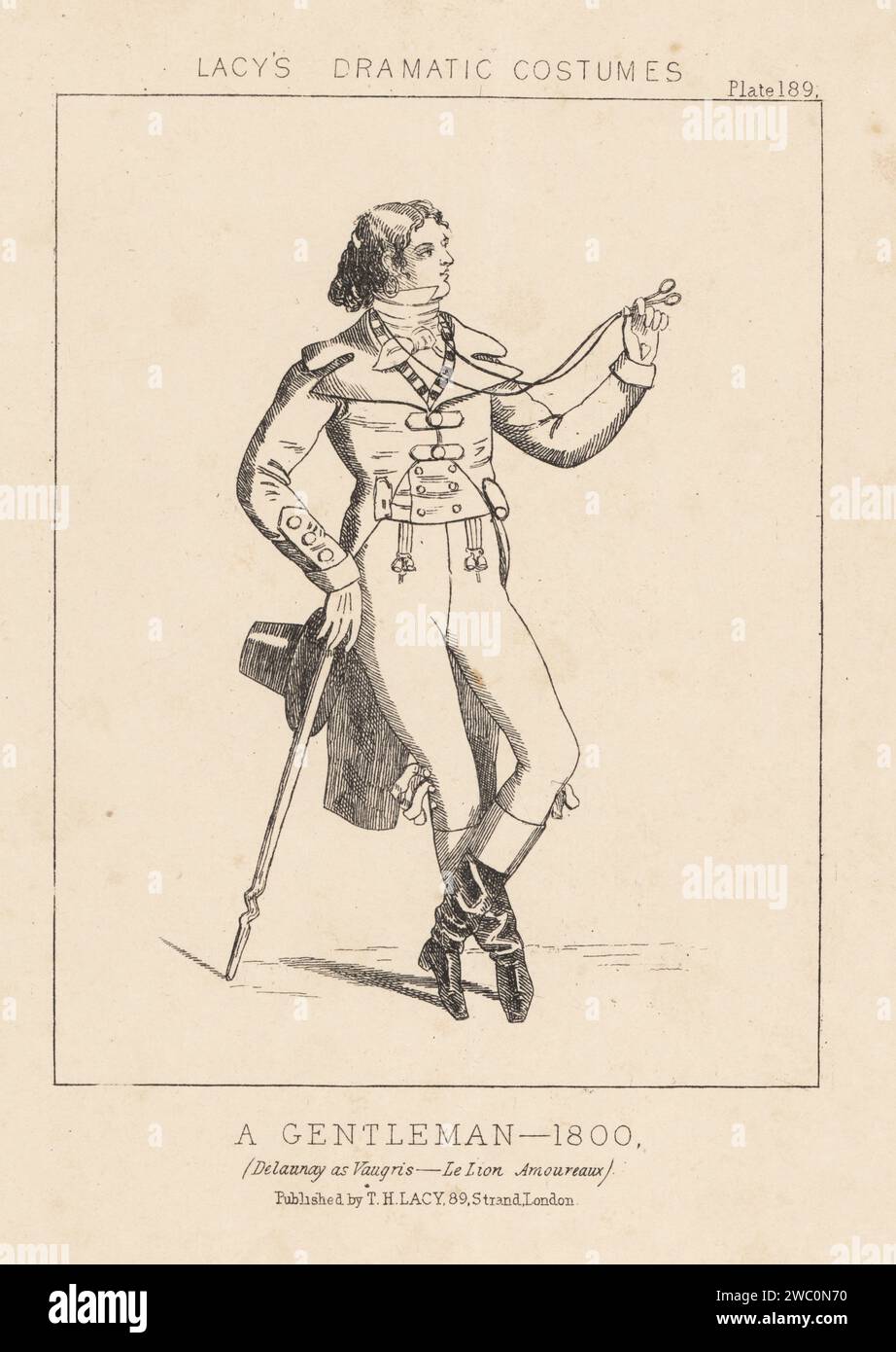 French actor Louis-Arsène Delaunay as Vaugris in Le Lion Amoureux by Francois Ponsard at the Theatre Francais, 1866. In costume of a gentleman of 1800. Fop in riding coat, cravatte, breeches, boots, holding a lorgnette and cane. Lithograph from Thomas Hailes Lacy's Male Costumes, Historical, National and Dramatic in 200 Plates, London, 1865. Lacy (1809-1873) was a British actor, playwright, theatrical manager and publisher. Stock Photo