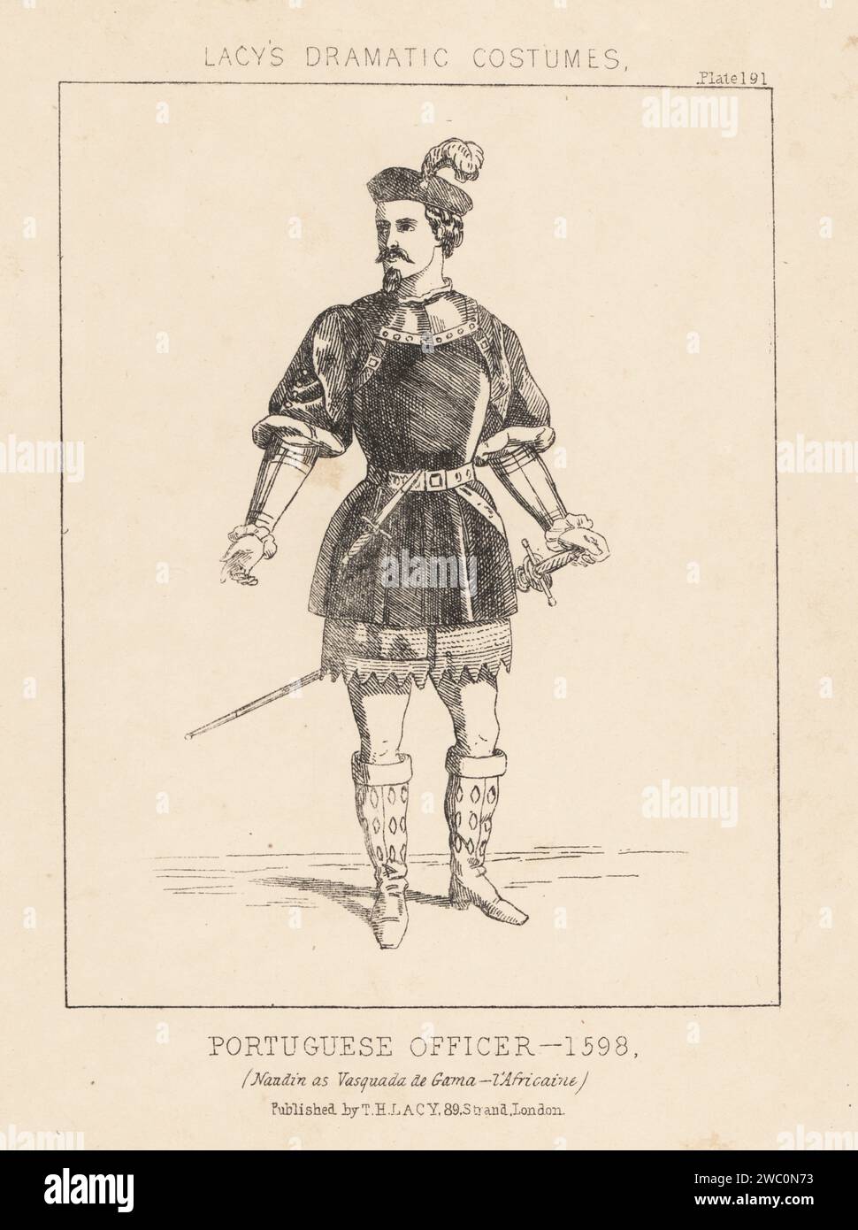 Italian tenor opera singer Emilio Naudin as Vasco de Gama in Giacomo Meyerbeer's L'Africaine at the Opera de Paris in 1865. Vasquada de Gama in L'Africaine. Costume of a Portuguese officer, 1598. Lithograph from Thomas Hailes Lacy's Male Costumes, Historical, National and Dramatic in 200 Plates, London, 1865. Lacy (1809-1873) was a British actor, playwright, theatrical manager and publisher. Stock Photo