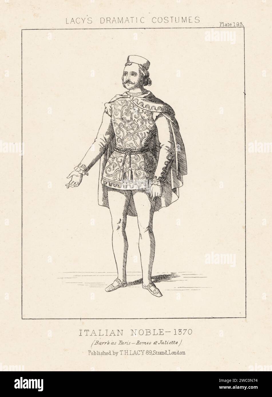 French baritone Auguste Armand Barre as Mercutio in the opera Romeo et Juliette by Charles Gounod at the Theatre Lyrique, Paris, 1867. Barre as Paris (sic). Costume of an Italian noble, 1370. Lithograph from Thomas Hailes Lacy's Male Costumes, Historical, National and Dramatic in 200 Plates, London, 1865. Lacy (1809-1873) was a British actor, playwright, theatrical manager and publisher. Stock Photo