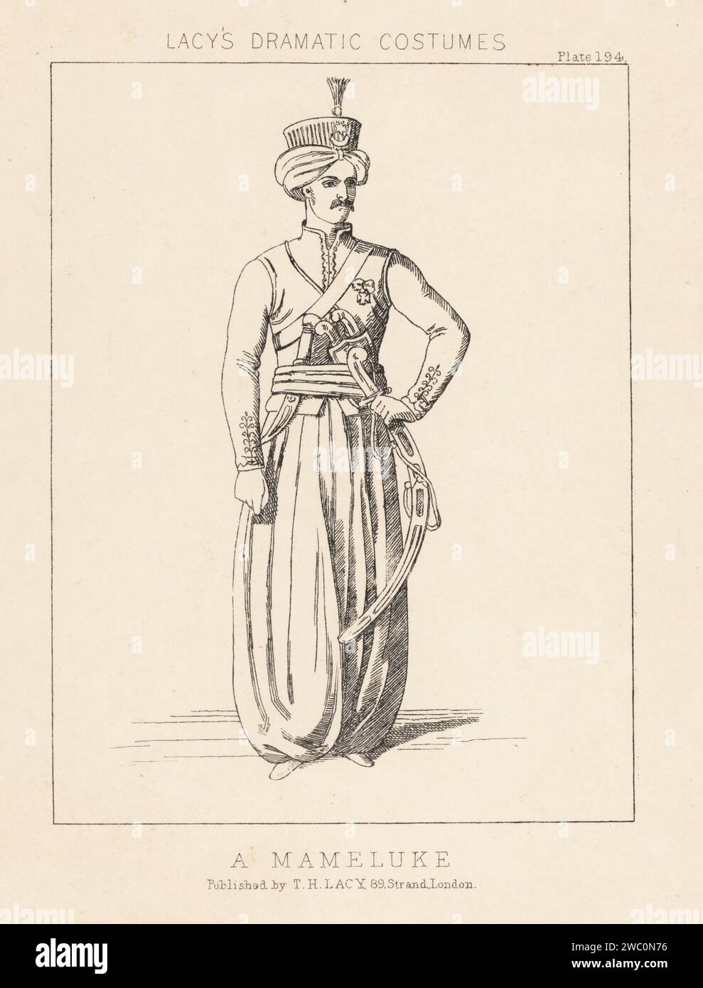 Costume of a mamluk mercenary, Ottoman Empire, 18th century. In turban, tunic, harem pants, armed with a scimitar and daggers. Mameluke. Lithograph from Thomas Hailes Lacy's Male Costumes, Historical, National and Dramatic in 200 Plates, London, 1865. Lacy (1809-1873) was a British actor, playwright, theatrical manager and publisher. Stock Photo