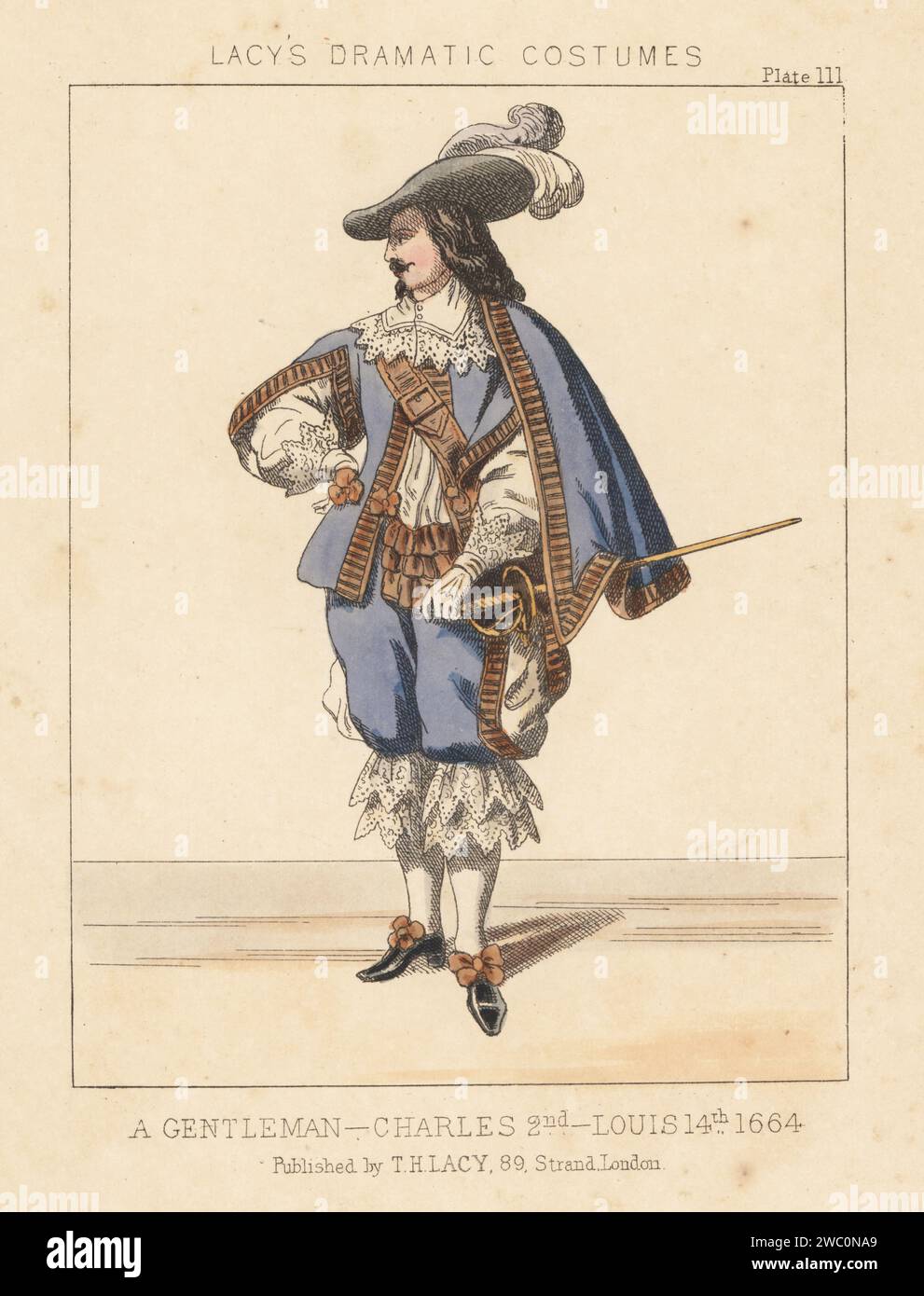 A gentleman, reign of King Charles II or Louis XIV, 1664. Handcoloured lithograph from Thomas Hailes Lacy's Male Costumes, Historical, National and Dramatic in 200 Plates, London, 1865. Lacy (1809-1873) was a British actor, playwright, theatrical manager and publisher. Stock Photo