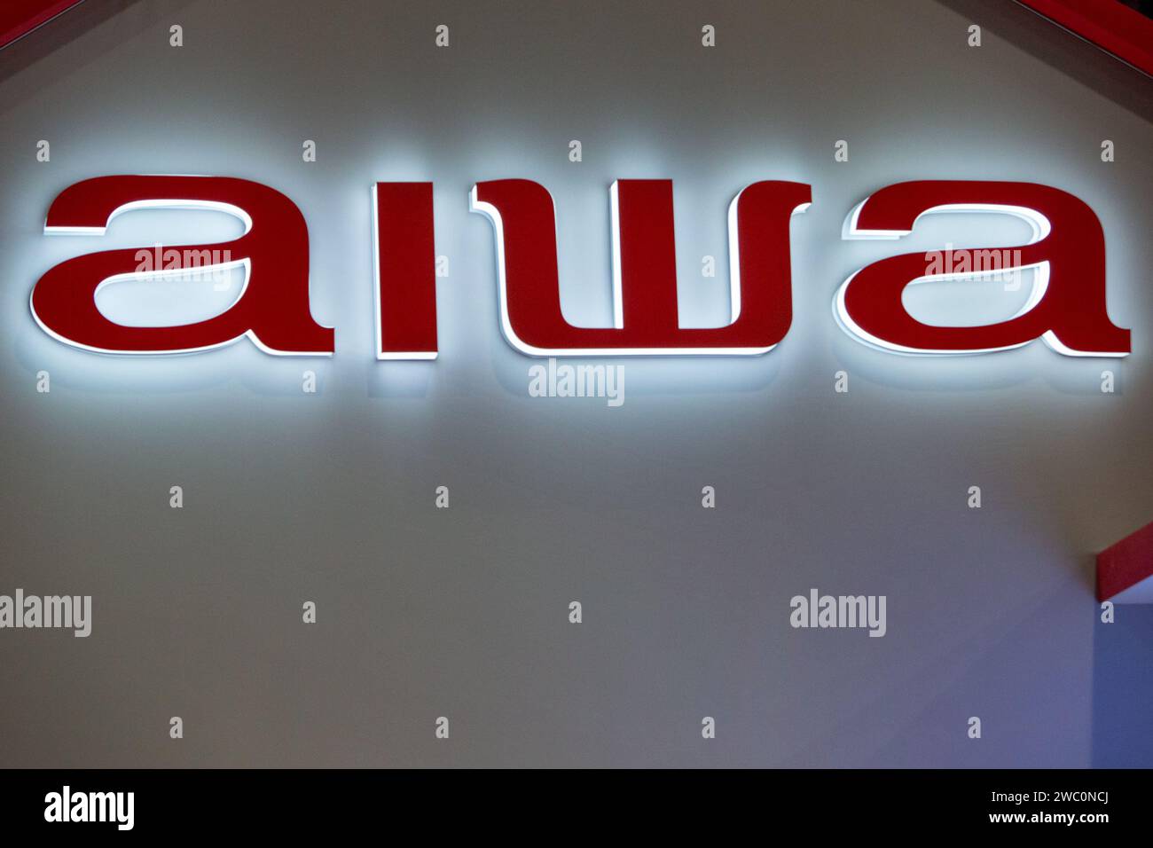 Las Vegas, USA. 12th Jan, 2024. An Aiwa sign is displayed during CES