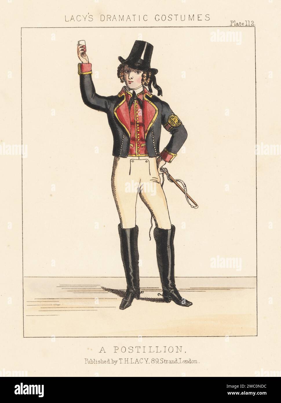 Postillion raising a glass in a toast, 18th century. Post coachman in uniform with tall hat, jacket with armband, waistcoat, breeches, boots with spurs, holding a whip. Handcoloured lithograph from Thomas Hailes Lacy's Male Costumes, Historical, National and Dramatic in 200 Plates, London, 1865. Lacy (1809-1873) was a British actor, playwright, theatrical manager and publisher. Stock Photo