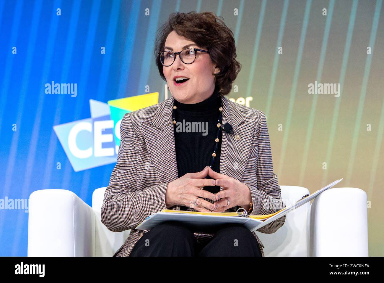 Las Vegas, USA. 12th Jan, 2024. Senator Jacky Rosen, Nevada, speaks at the Senate Perspectives on Emerging Tech Policy panel during CES 2024 - Day 4 at the Las Vegas Convention Center in Las Vegas, NV on January 12, 2024. (Travis P Ball/Sipa USA) Credit: Sipa USA/Alamy Live News Stock Photo