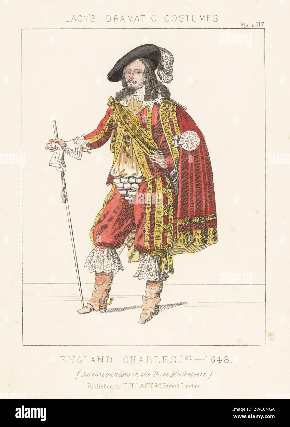 French actor Louis Lacressonniere as King Charles I in the Three Musketeers (Les Mousquetaires) by Alexandre Dumas, Theatre de l'Ambigu Comique, 1845. In plumed cap, velvet cape, rich doublet and breeches, boots, lace frills. Handcoloured lithograph from Thomas Hailes Lacy's Male Costumes, Historical, National and Dramatic in 200 Plates, London, 1865. Lacy (1809-1873) was a British actor, playwright, theatrical manager and publisher. Stock Photo