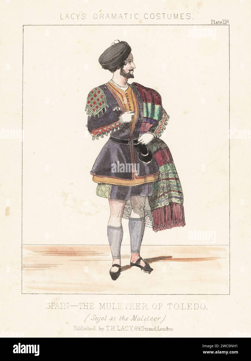 French singer and actor Gustave Sujol as the Muleteer in the Muleteer of Toledo, a comic opera by John Maddison Morton, 1855. In Spanish costume of cap, doublet, short trousers, gaiters, with shawl over his shoulder. Handcoloured lithograph from Thomas Hailes Lacy's Male Costumes, Historical, National and Dramatic in 200 Plates, London, 1865. Lacy (1809-1873) was a British actor, playwright, theatrical manager and publisher. Stock Photo