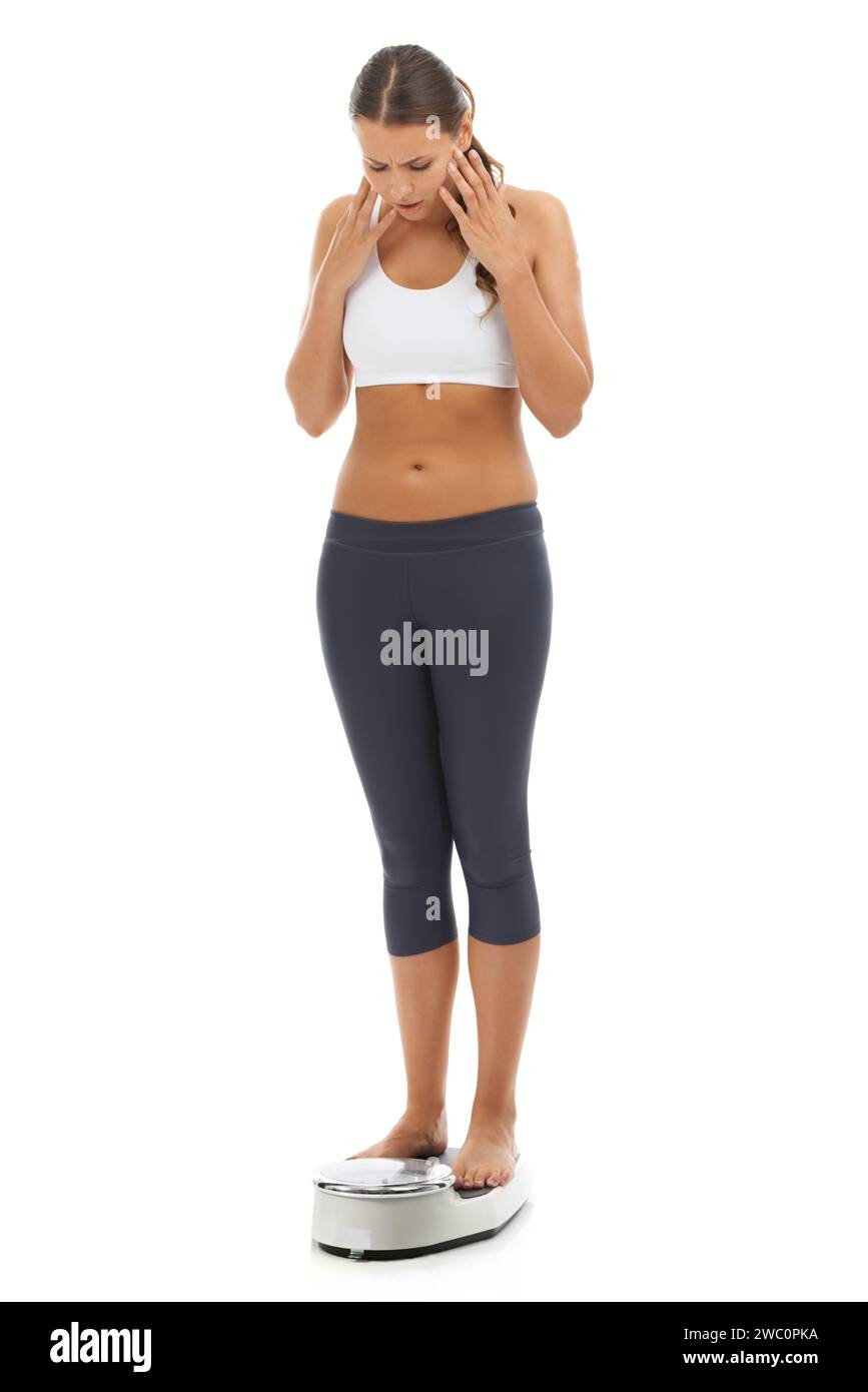Weight Scale Photo Fail Scale, problem and woman shocked with weight loss fail, bad exercise ...
