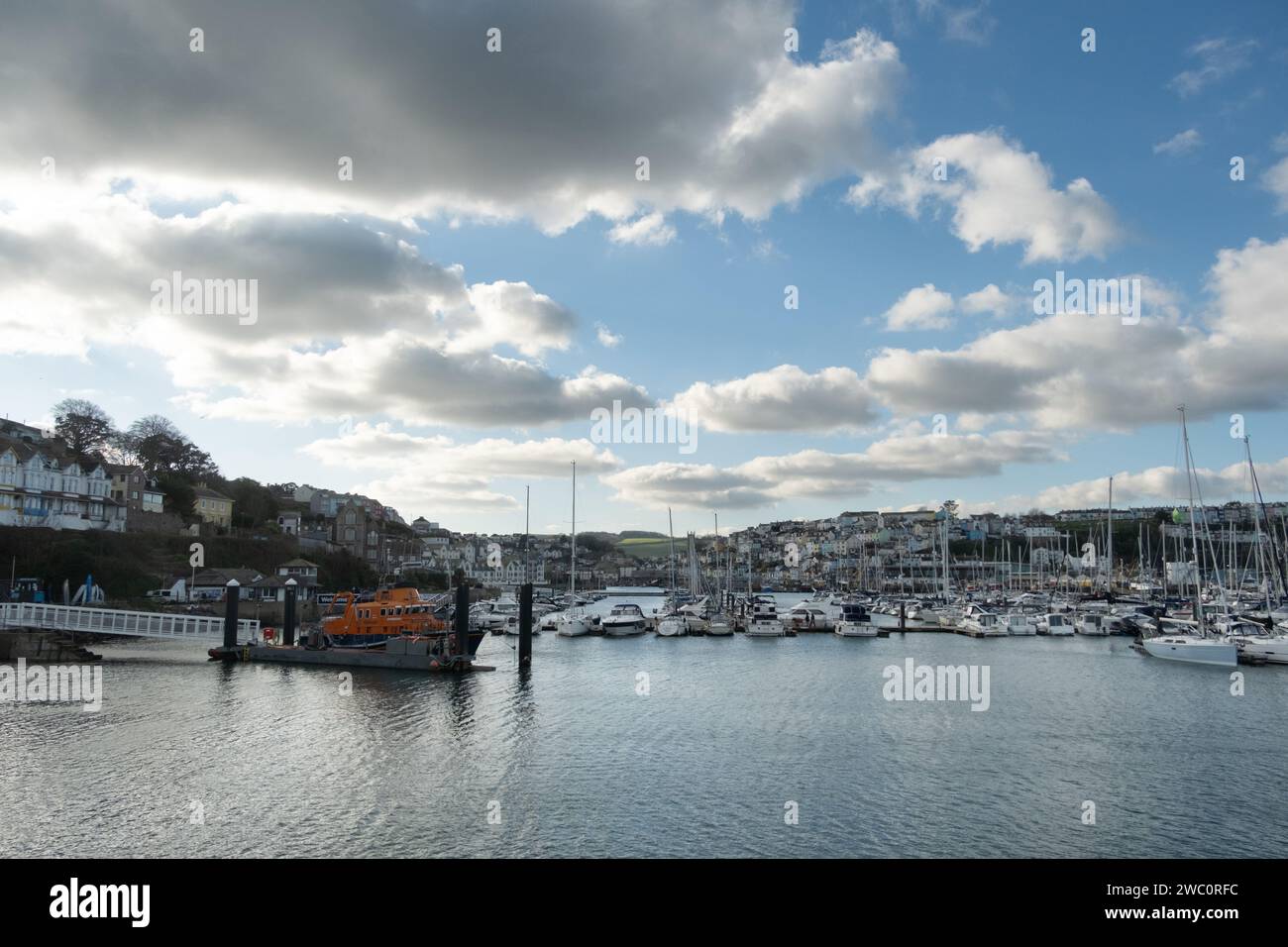 Brixham Harbour Devon, looking back towards the town and houses. Stock Photo