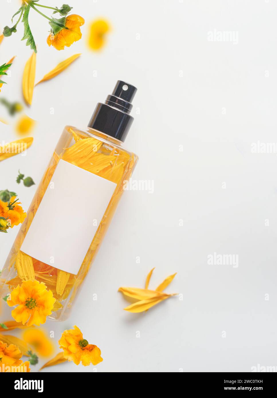 Natural yellow flowers perfume spray bottle with branding mock up on white background. Top view. Copy space. Stock Photo