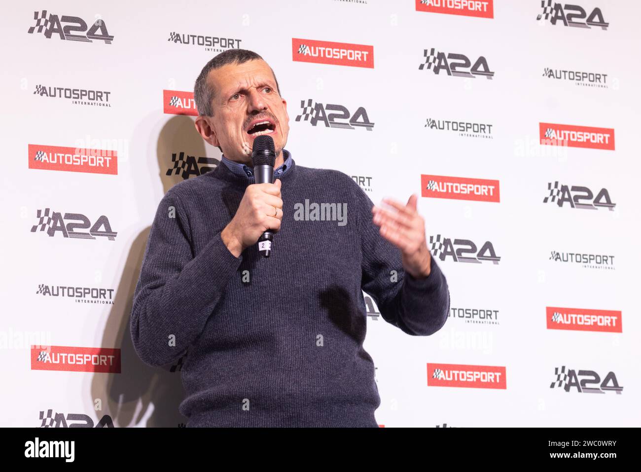Birmingham, UK. 13 Jan, 2024. Former Haas team principle Gunther Steiner as he chats to Sky Sports F1 Commentator David 'Crofty' Croft at the main stage of Autosport International 2024. Credit Milo Chandler/Alamy Live News Stock Photo