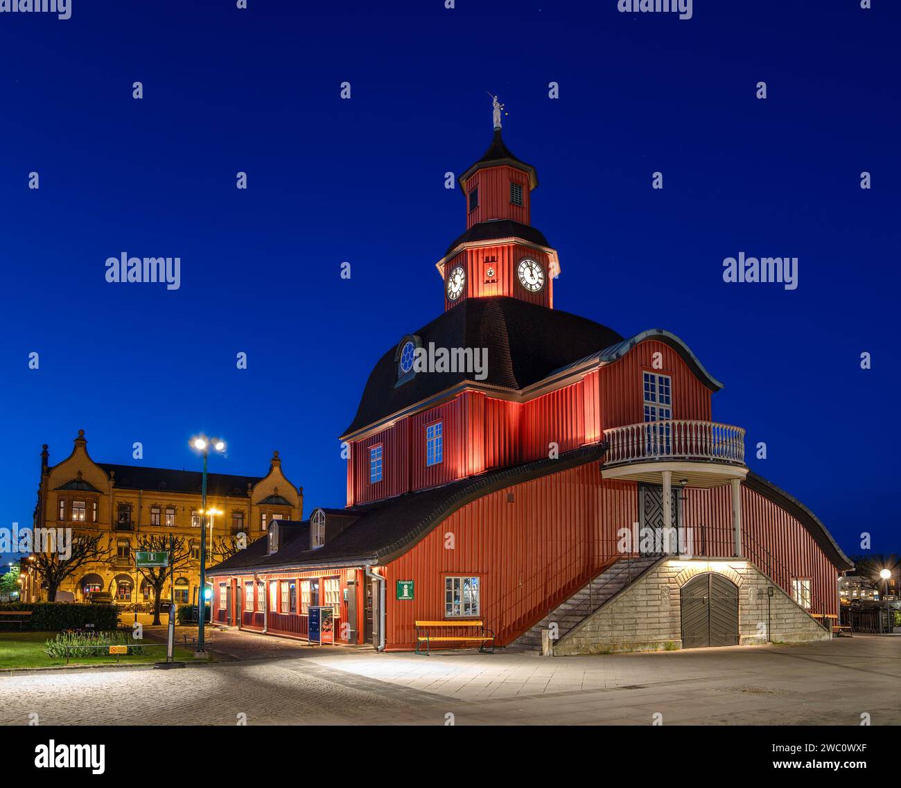 Historical illuminated red wooden town hall - radhuset - in Lidkoping ...