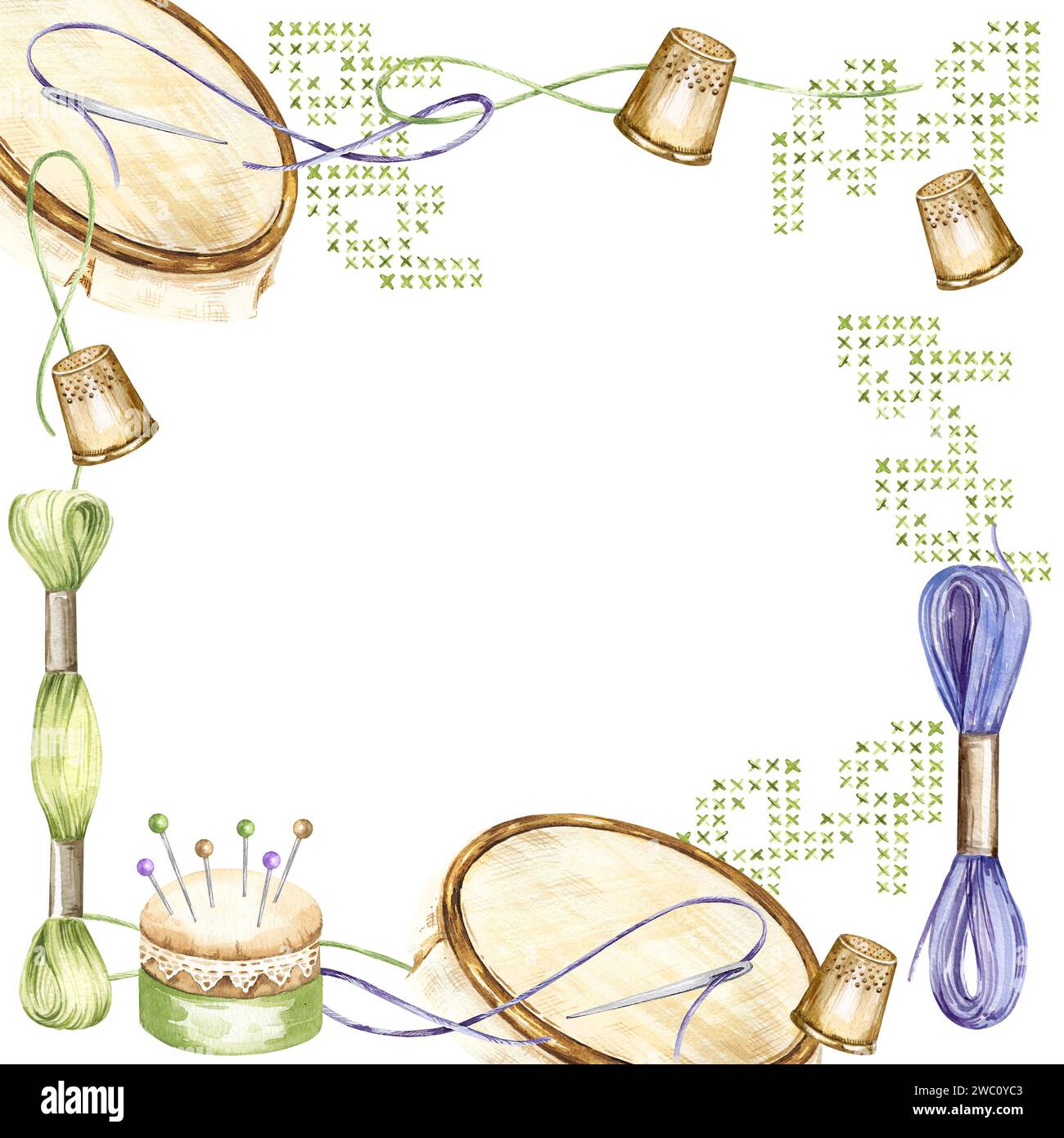 watercolor frame with embroidery tools, hand drawn sketch of handiwork