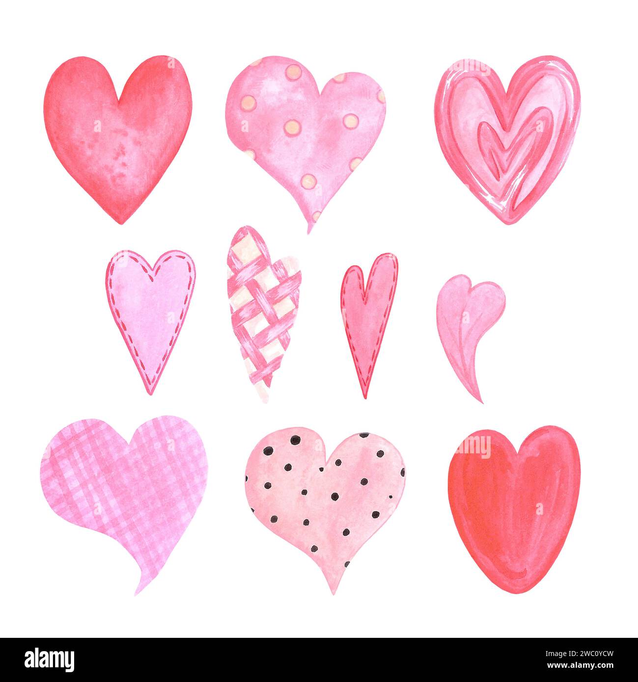 Hand drawn watercolor pink and red hearts isolated on white background ...