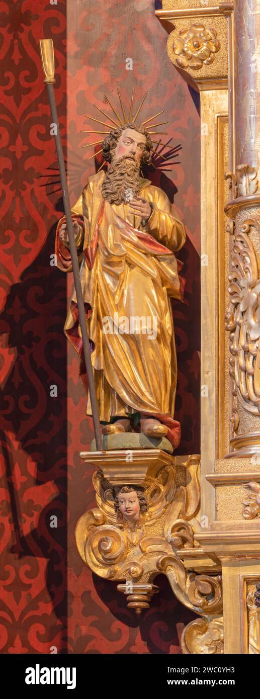 LUZERN, SWITZERLAND - JULY 24, 2022: The carved polychrome statue of St. Thomas the apostle in the church St. Leodegar im Hof Stock Photo