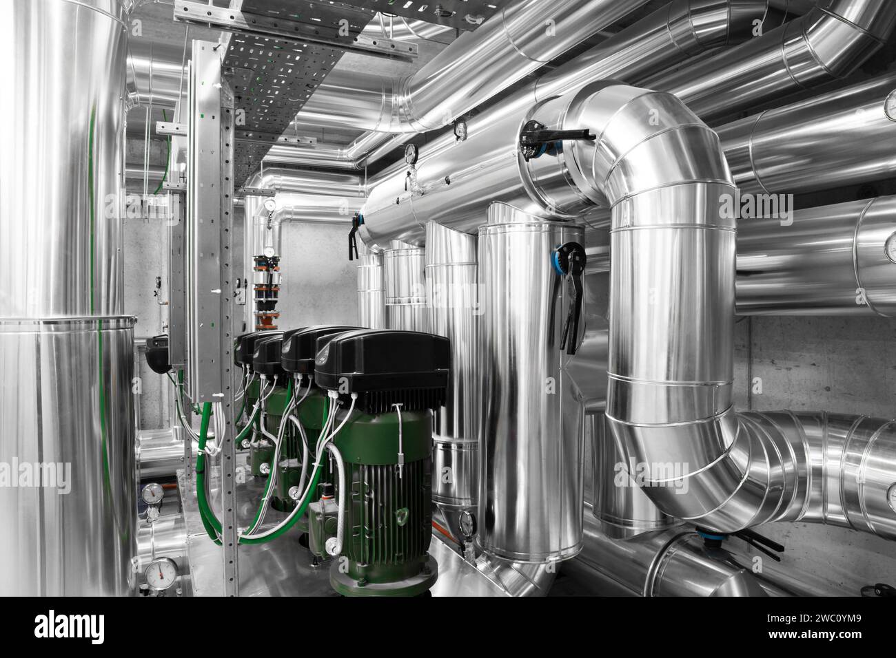 HVAC system pipes and pumps, handling heating, ventilation, air