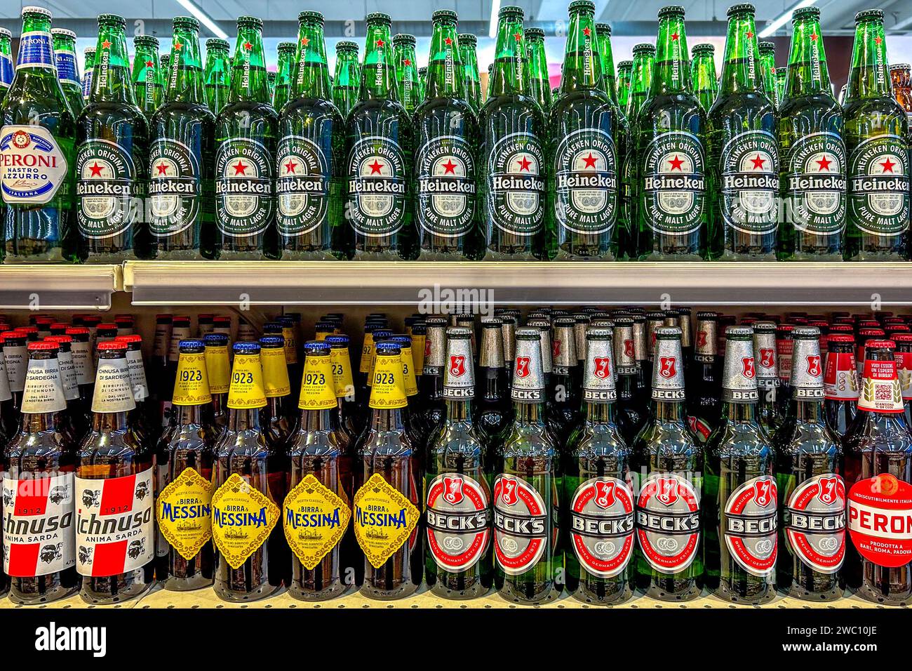 Italy January 11, 2024 Beer in glass bottles of various types and
