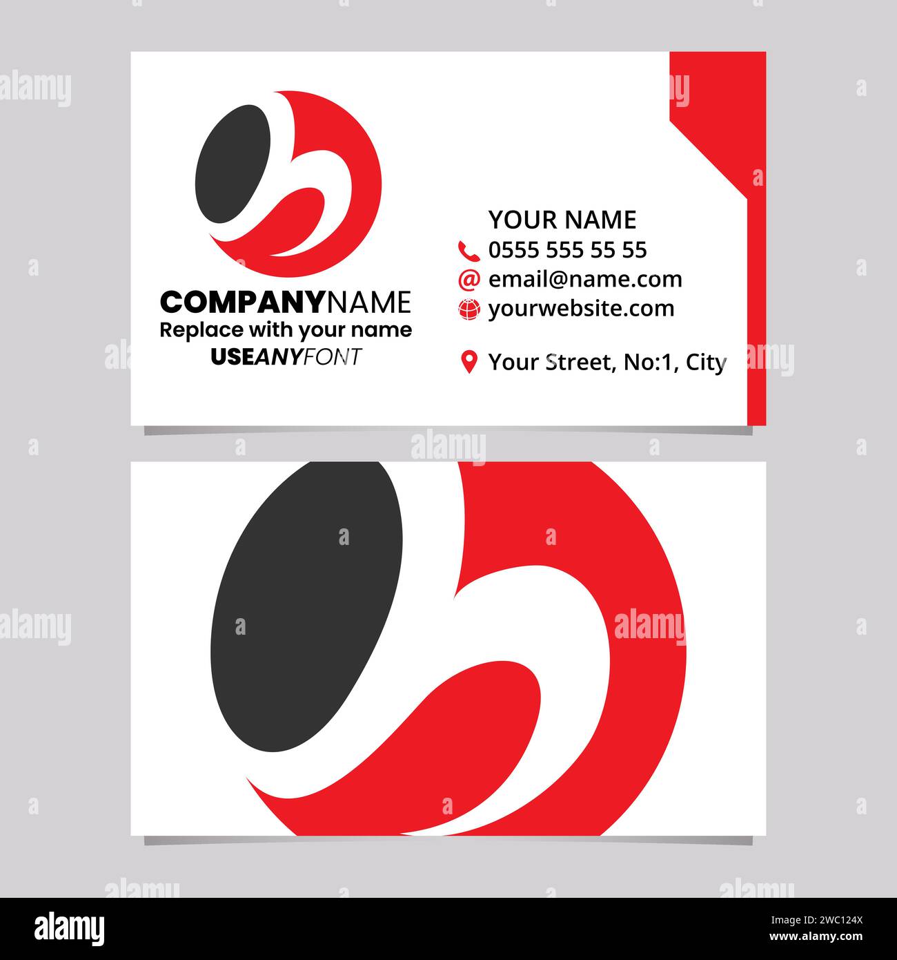 Red and Black Business Card Template with Circle Shaped Letter H Logo Icon Over a Light Grey Background Stock Vector
