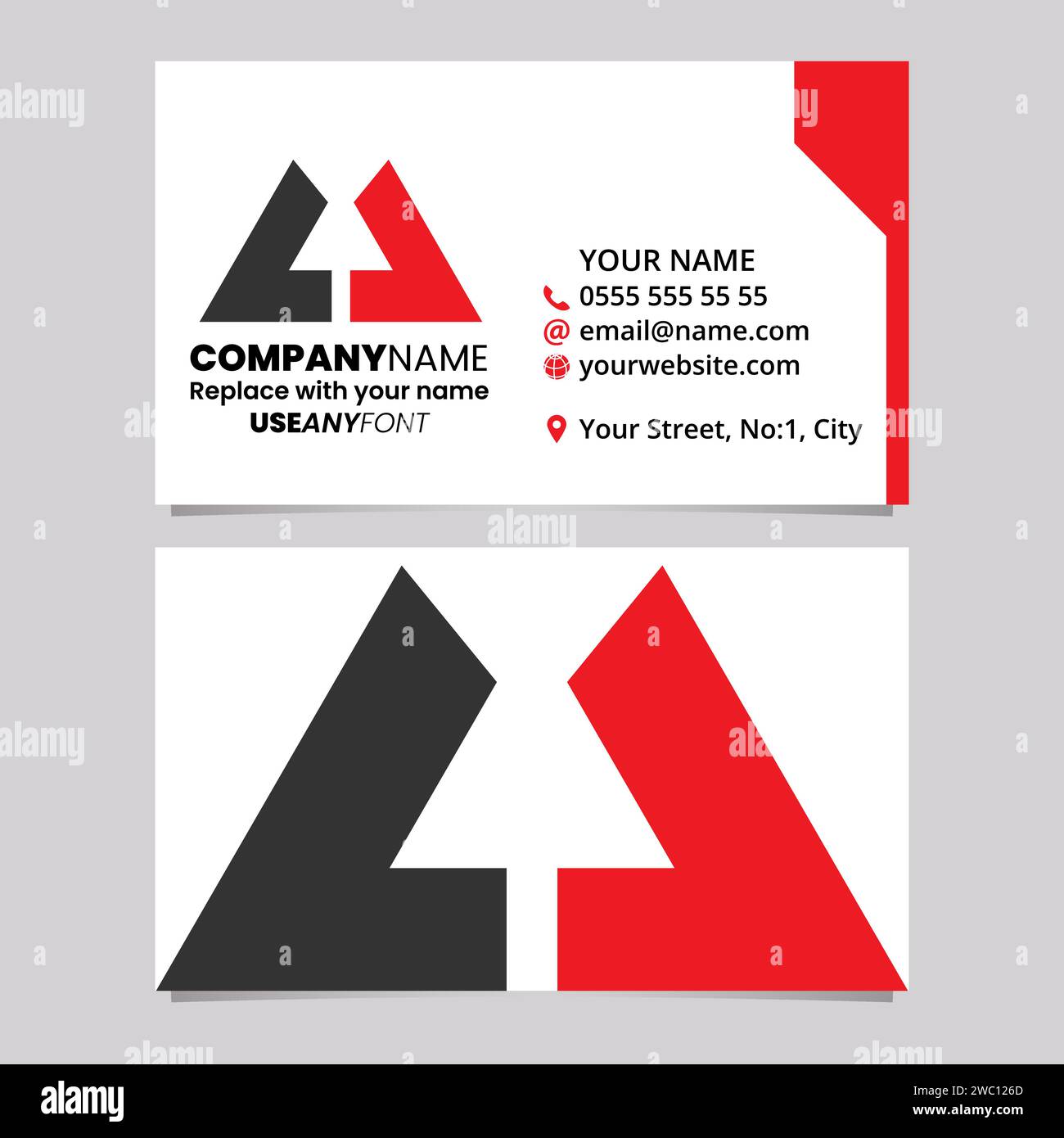 Red and Black Business Card Template with Bold Letter U Logo Icon Over a Light Grey Background Stock Vector