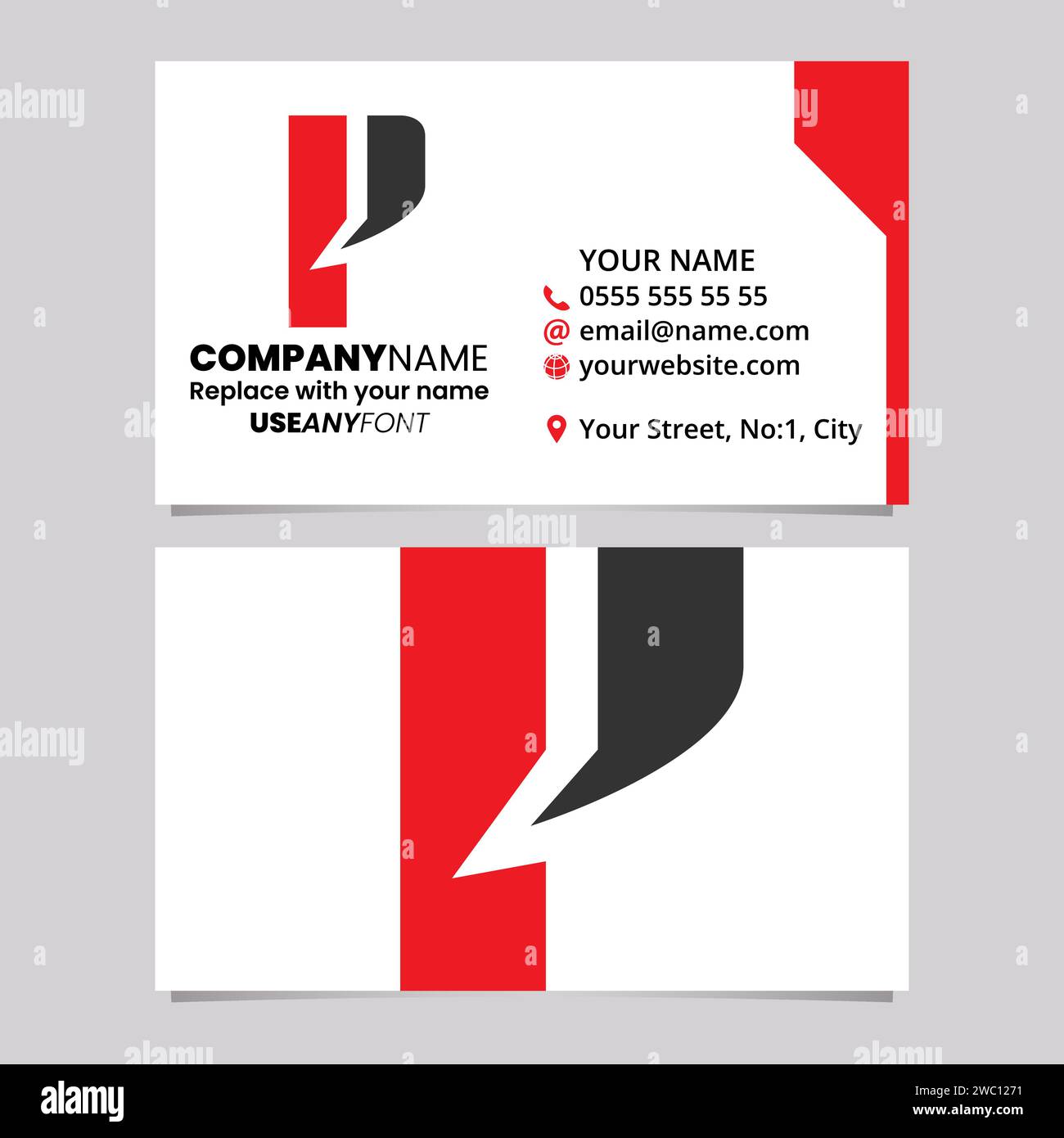 Red and Black Business Card Template with Bold Rectangle Shaped Letter P Logo Icon Over a Light Grey Background Stock Vector