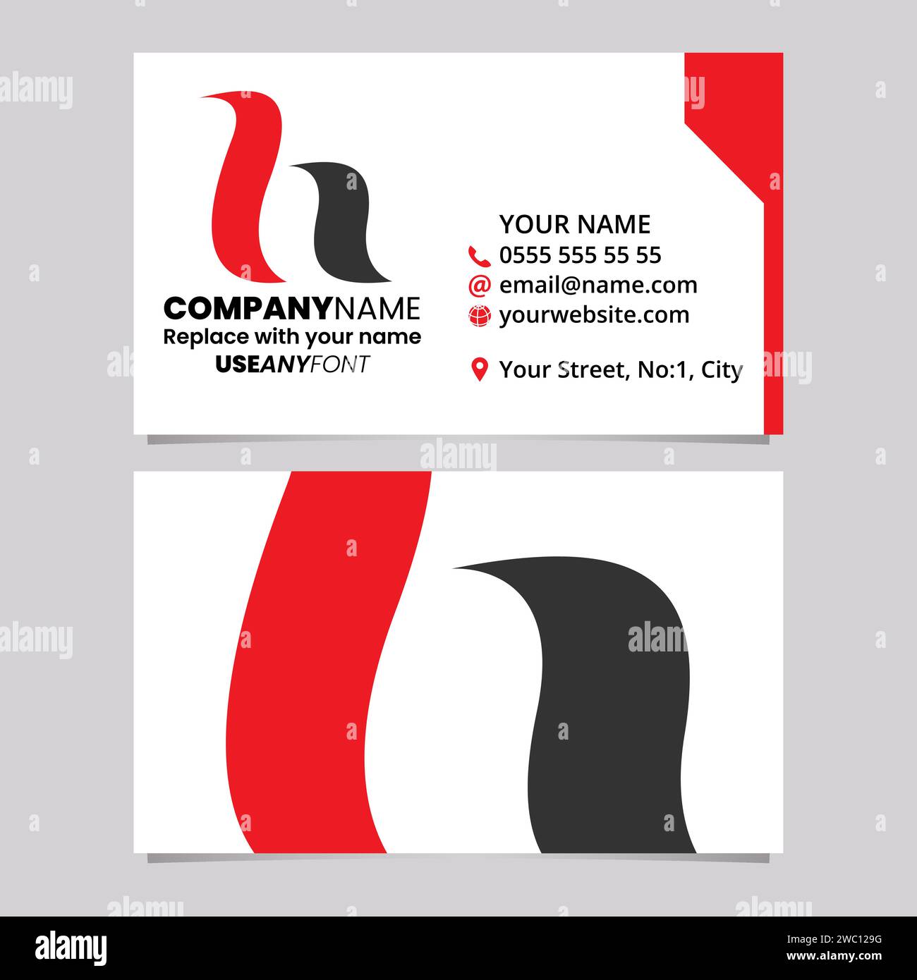 Red and Black Business Card Template with Calligraphic Letter H Logo Icon Over a Light Grey Background Stock Vector