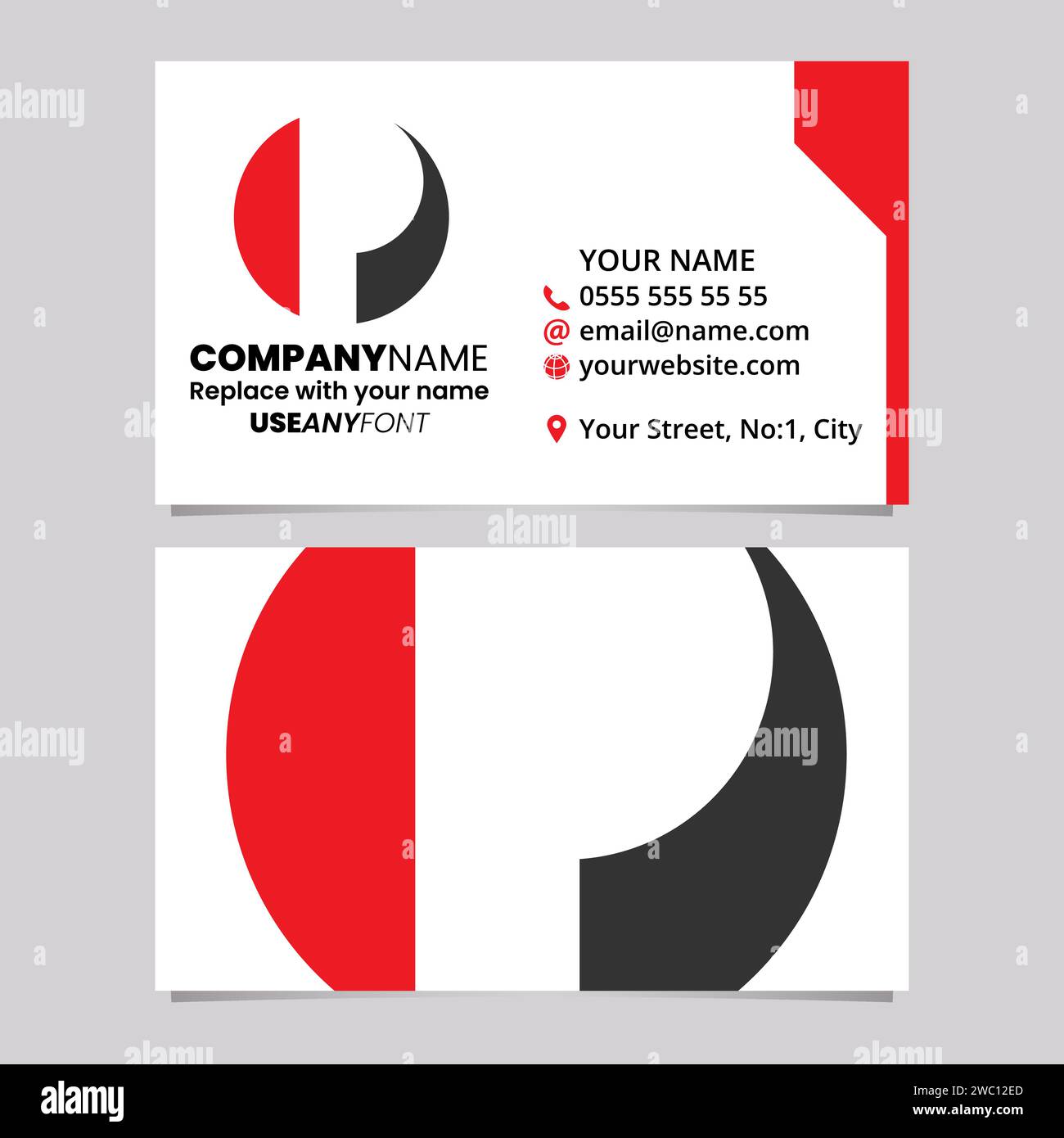 Red and Black Business Card Template with Circle Shaped Letter P Logo Icon Over a Light Grey Background Stock Vector