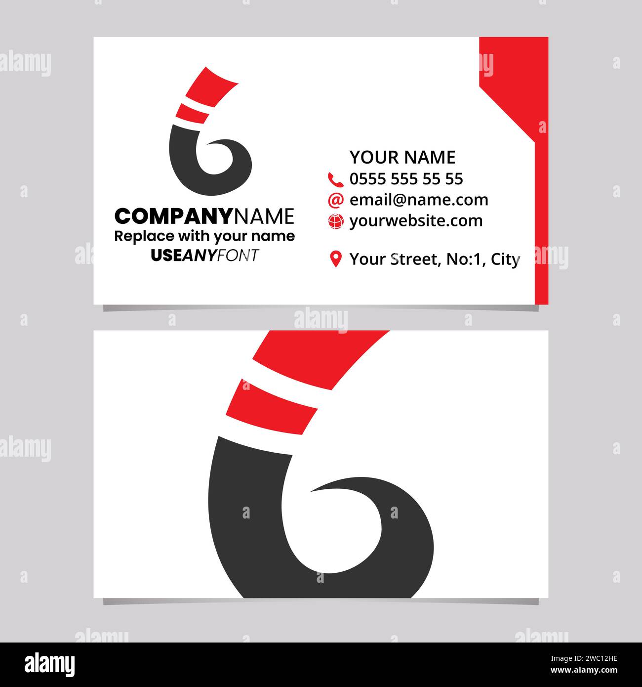 Red and Black Business Card Template with Curly Spike Shaped Letter B ...