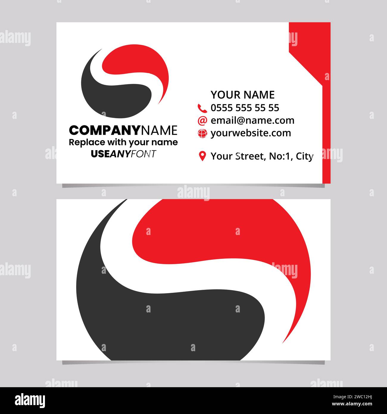 Red and Black Business Card Template with Circle Shaped Letter S Logo Icon Over a Light Grey Background Stock Vector