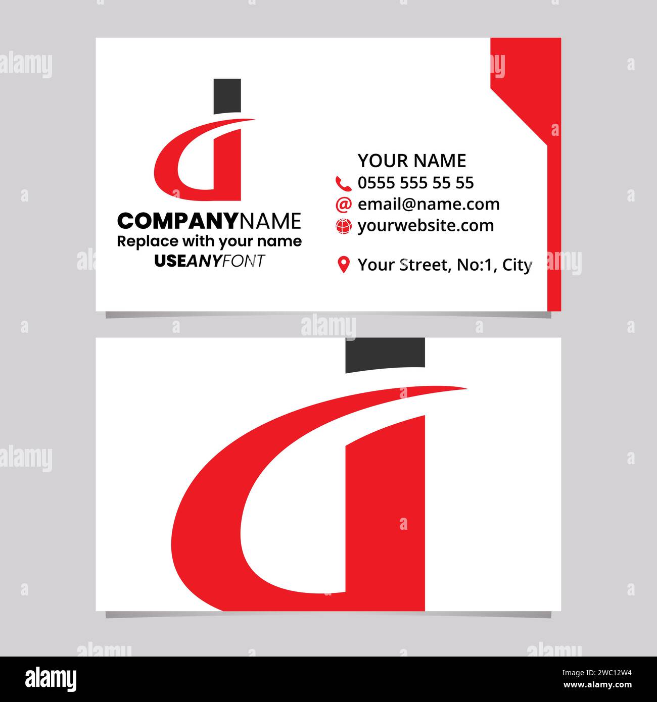 Red and Black Business Card Template with Curvy Pointed Letter D Logo Icon Over a Light Grey Background Stock Vector