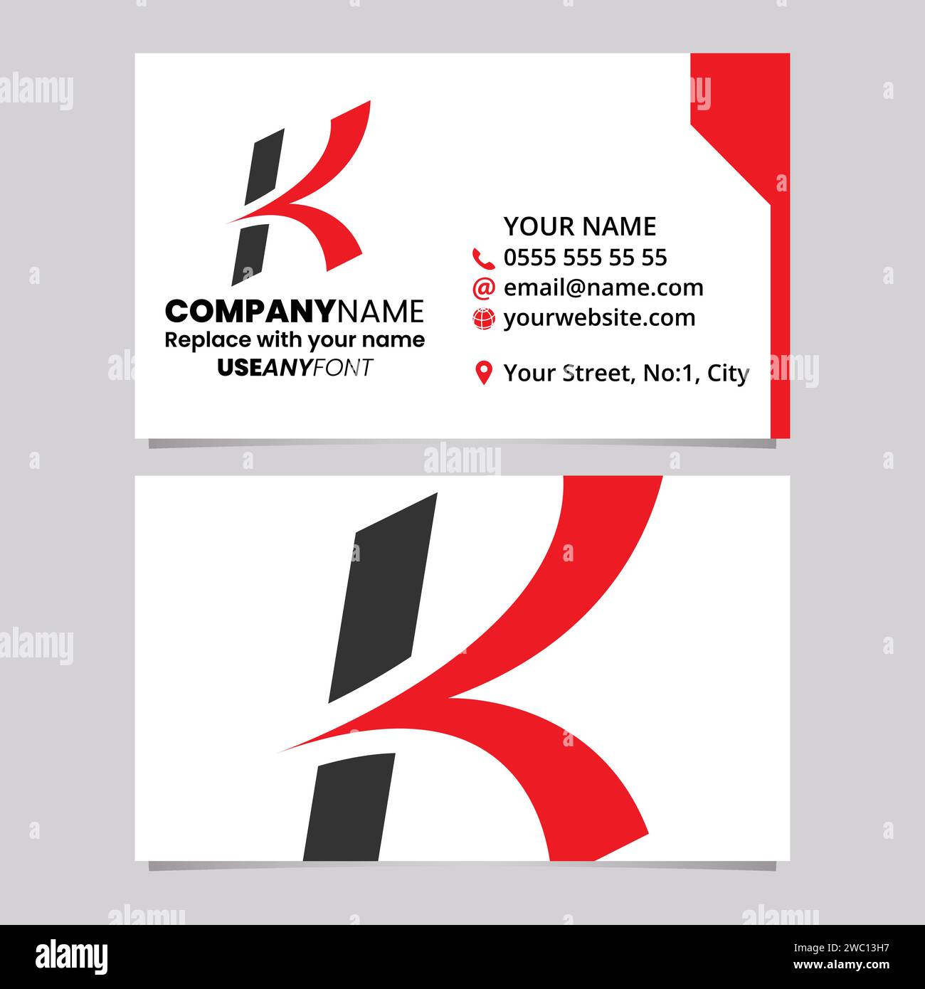 Red and Black Business Card Template with Italic Arrow Shaped Letter K Logo Icon Over a Light Grey Background Stock Vector