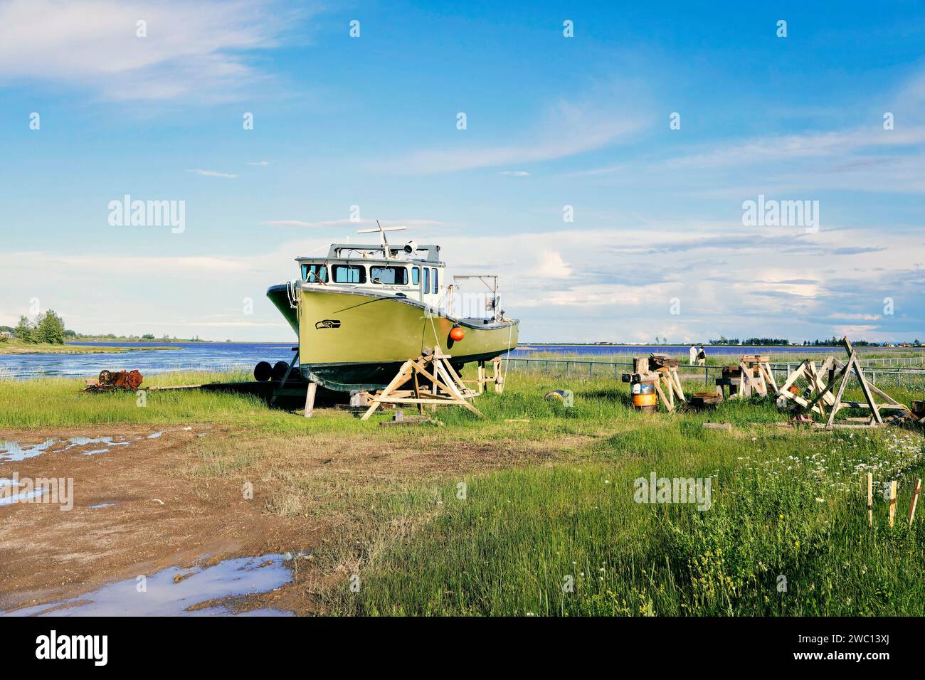 bateau de pêche vert  en cale sèche posé dans l'herbe Stock Photo