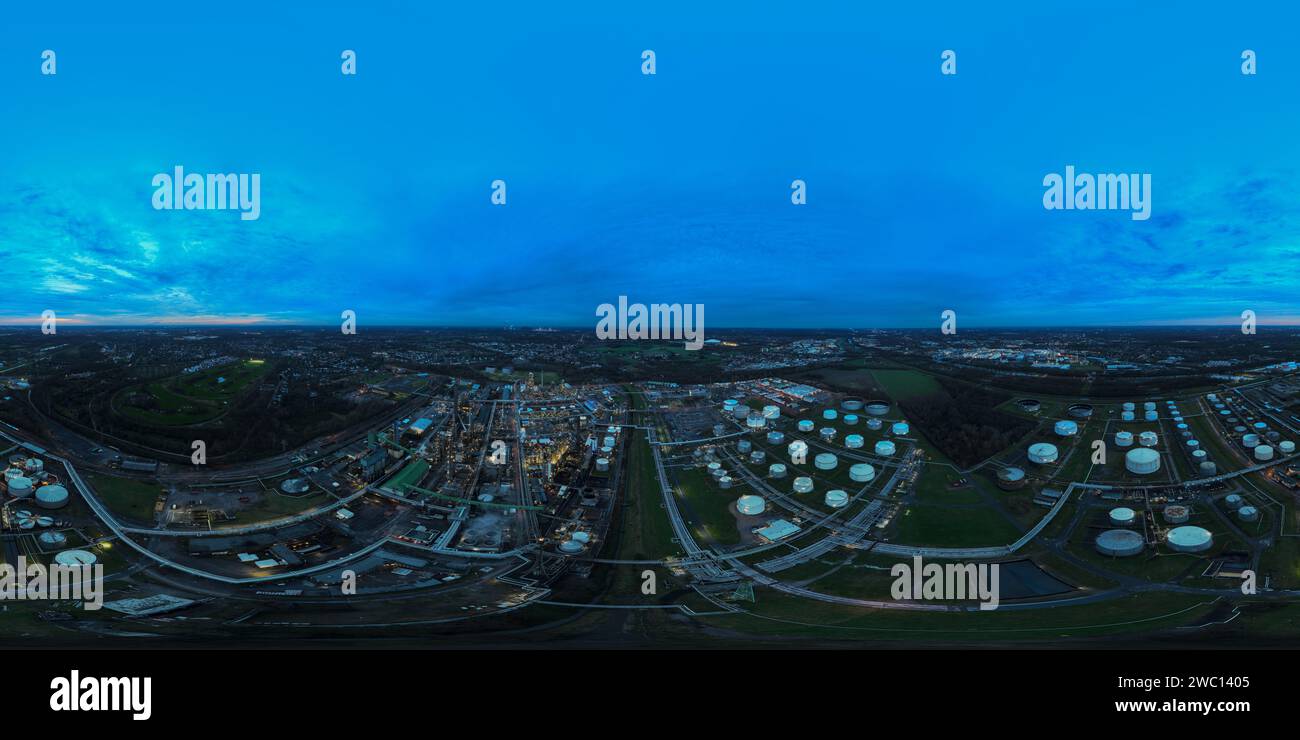 360 degrees panorama sphere photo of a refinery of fossil fuels in Gelschenkirchen, Germany. Large storage tanks and pipeline. Large industrial Stock Photo