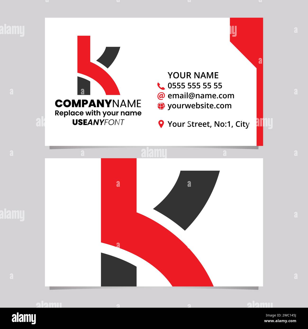 Red and Black Business Card Template with Overlapping Shaped Letter K Logo Icon Over a Light Grey Background Stock Vector
