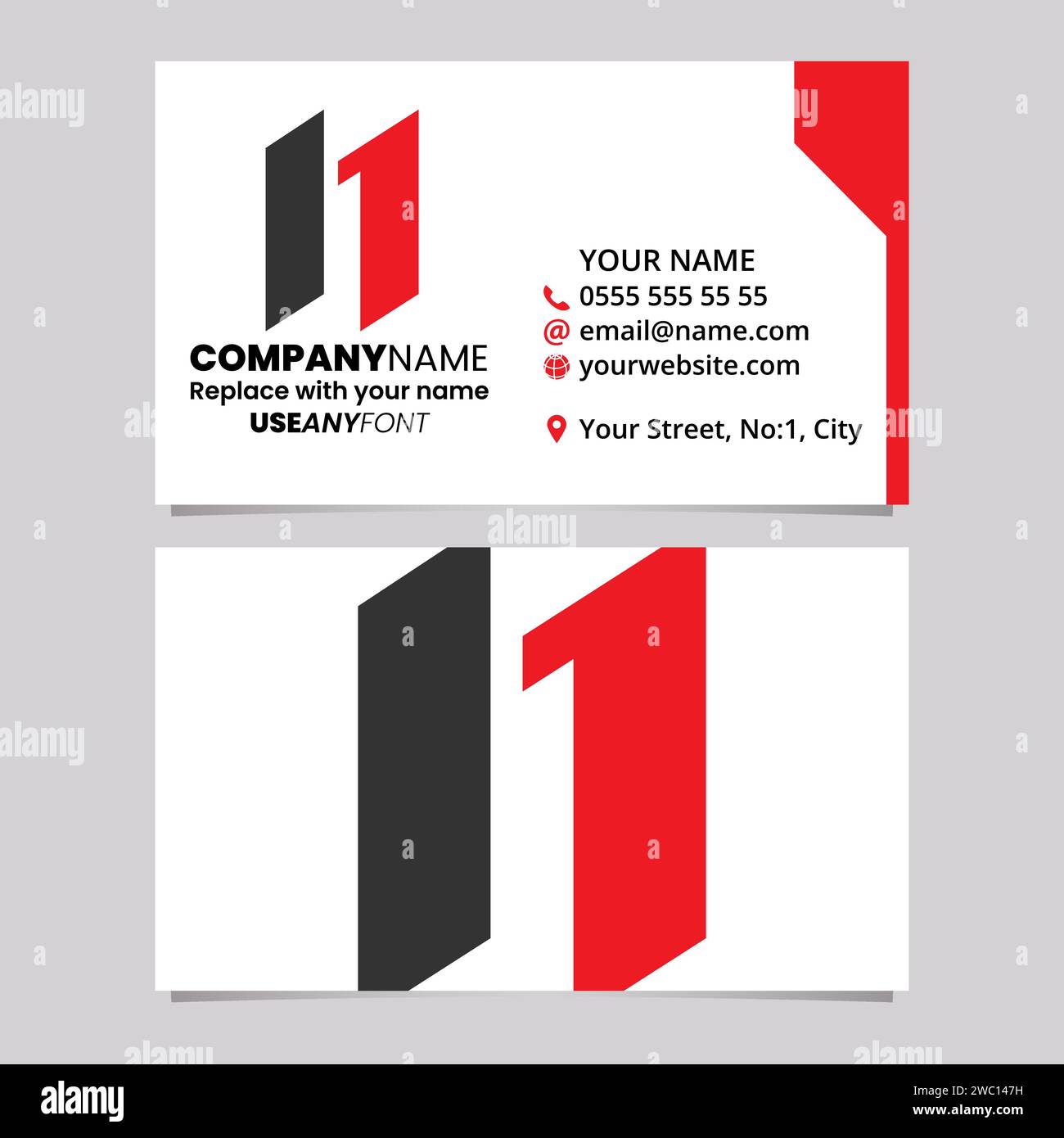 Red and Black Business Card Template with Parallelogram Letter N Logo Icon Over a Light Grey Background Stock Vector