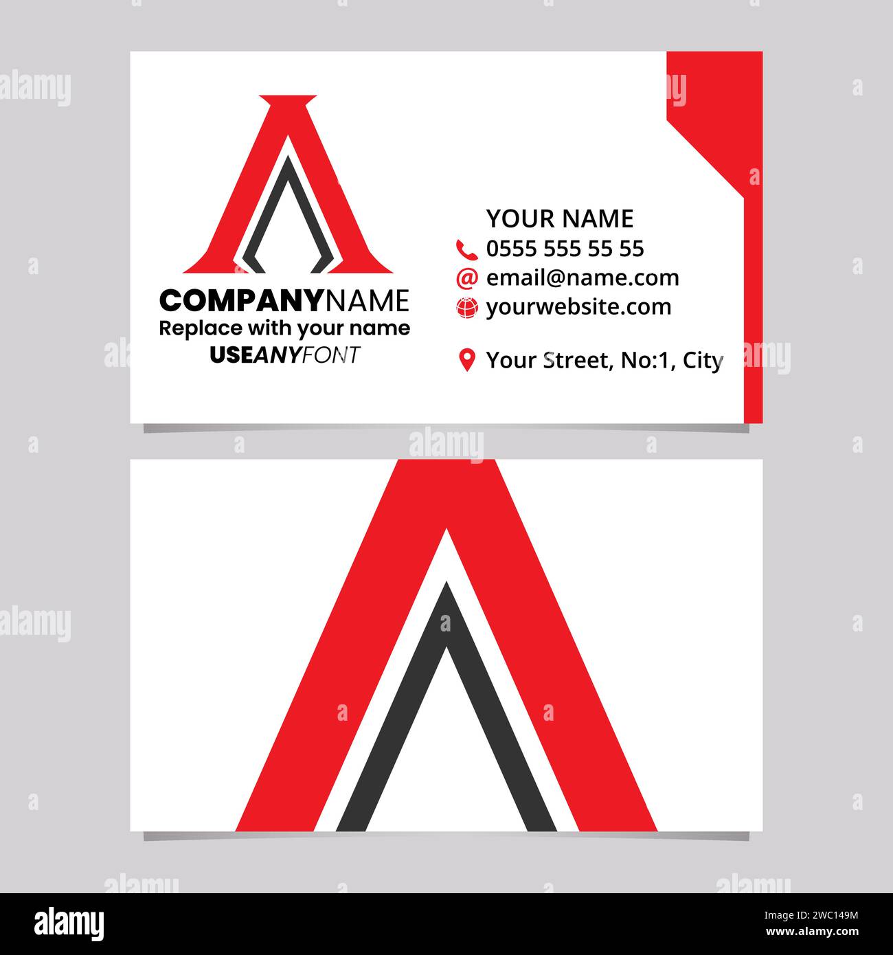 Red and Black Business Card Template with Pillar Shaped Letter A Logo Icon Over a Light Grey Background Stock Vector