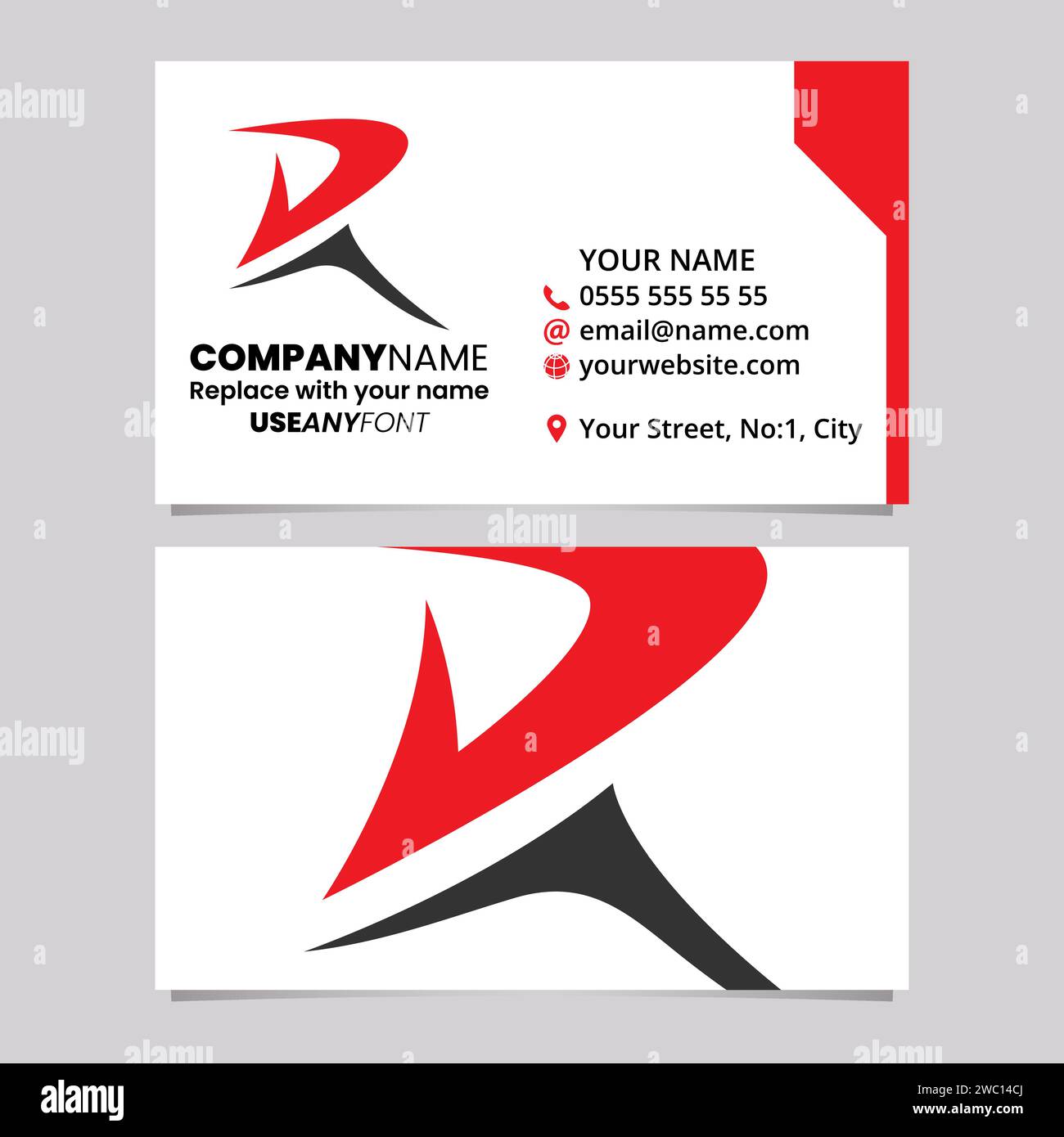 Red and Black Business Card Template with Pointy Tipped Letter R Logo Icon Over a Light Grey Background Stock Vector
