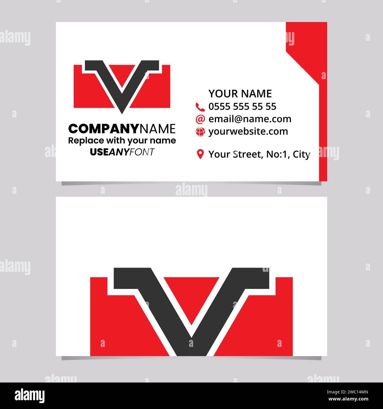 Red and Black Business Card Template with Rectangle Shaped Letter V Logo Icon Over a Light Grey Background Stock Vector