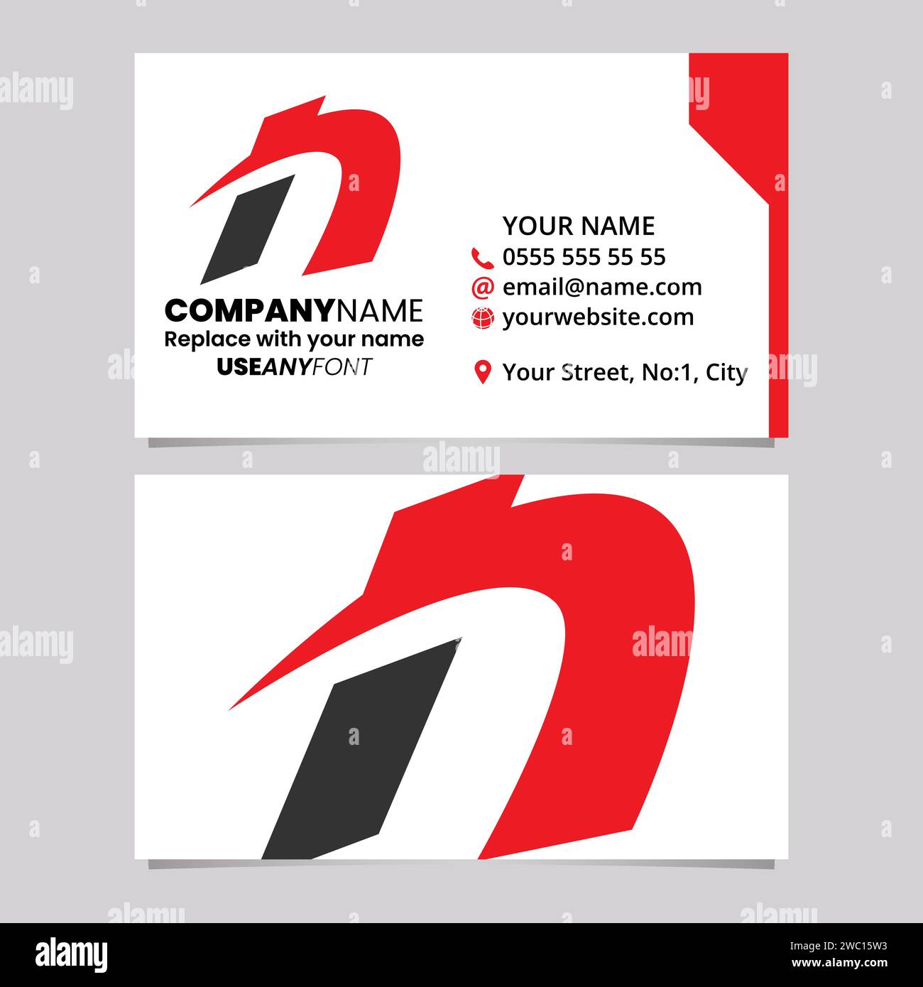 Red and Black Business Card Template with Spiky Italic Letter N Logo Icon Over a Light Grey Background Stock Vector