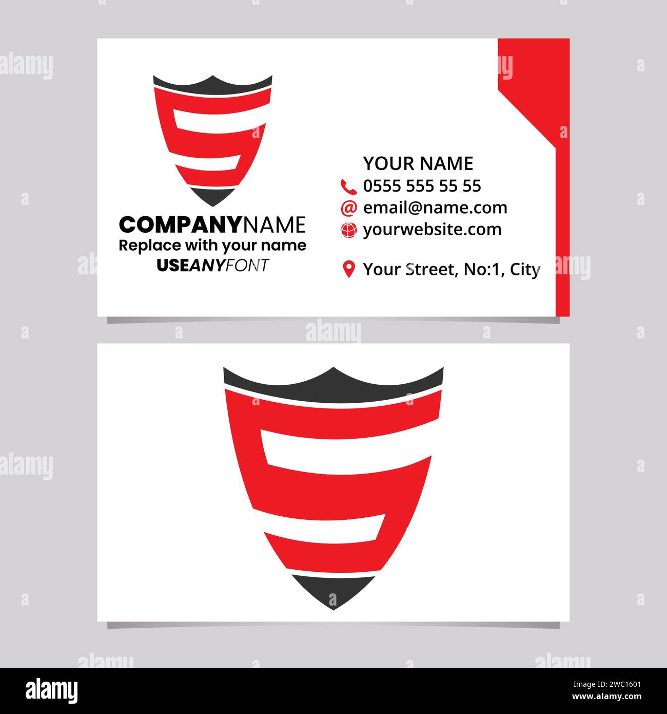 Red and Black Business Card Template with Shield Shaped Letter S Logo Icon Over a Light Grey Background Stock Vector