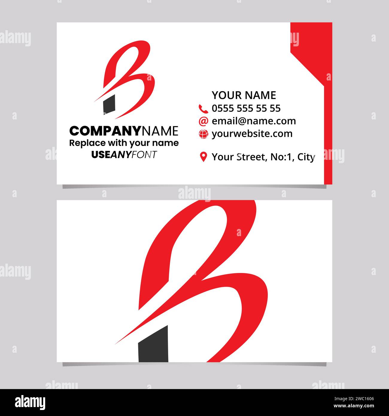 Red and Black Business Card Template with Slim Pointy Letter B Logo Icon Over a Light Grey Background Stock Vector