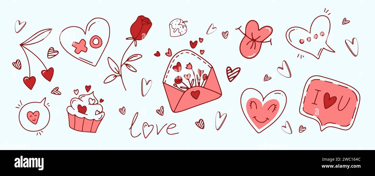Set of handdrawn hearts and love elements in line style for Valentine's ...