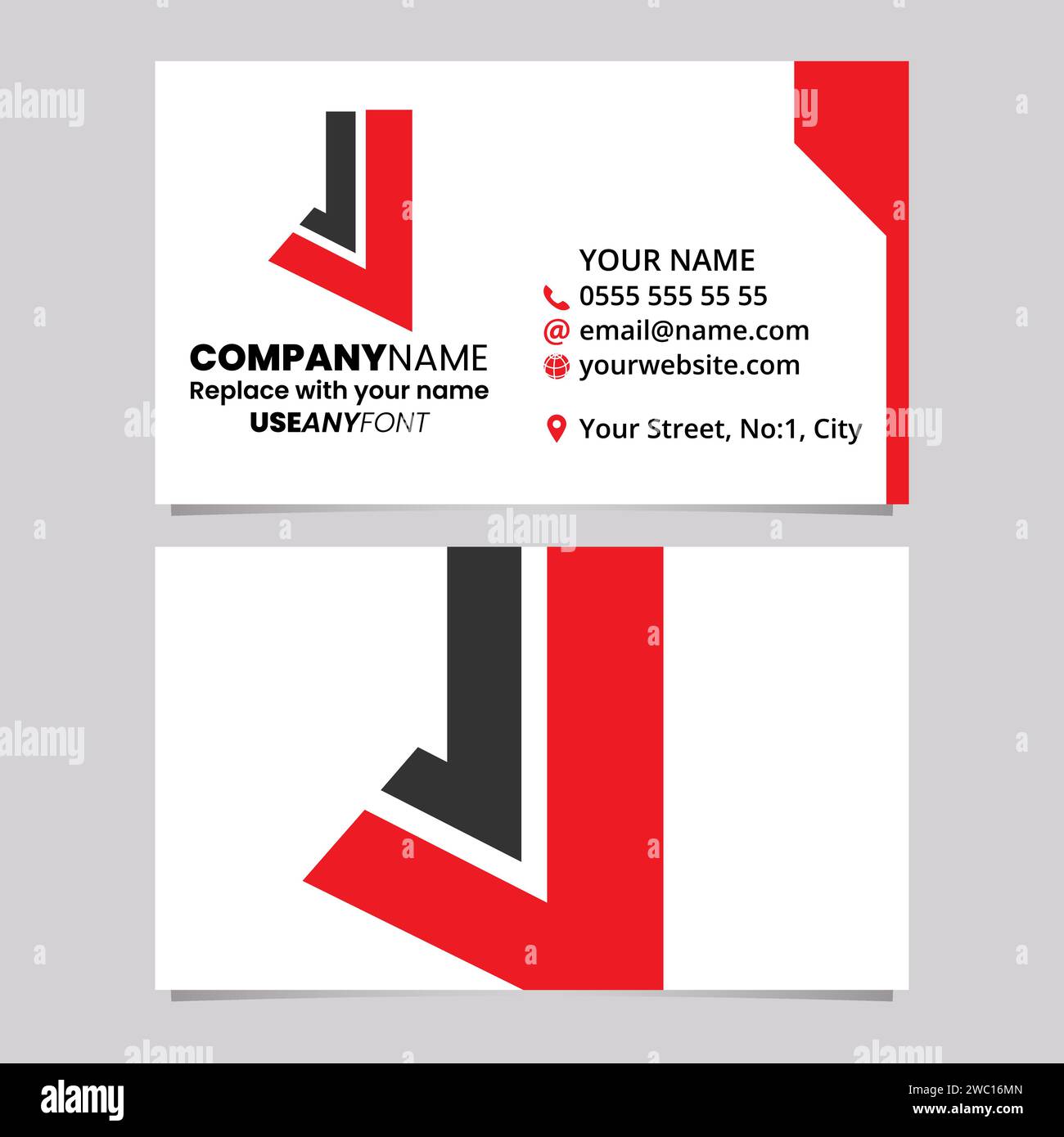 Red and Black Business Card Template with Straight Lined Letter J Logo Icon Over a Light Grey Background Stock Vector