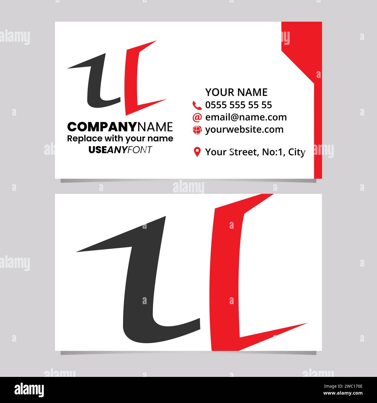 Red and Black Business Card Template with Spiky Shaped Letter U Logo Icon Over a Light Grey Background Stock Vector