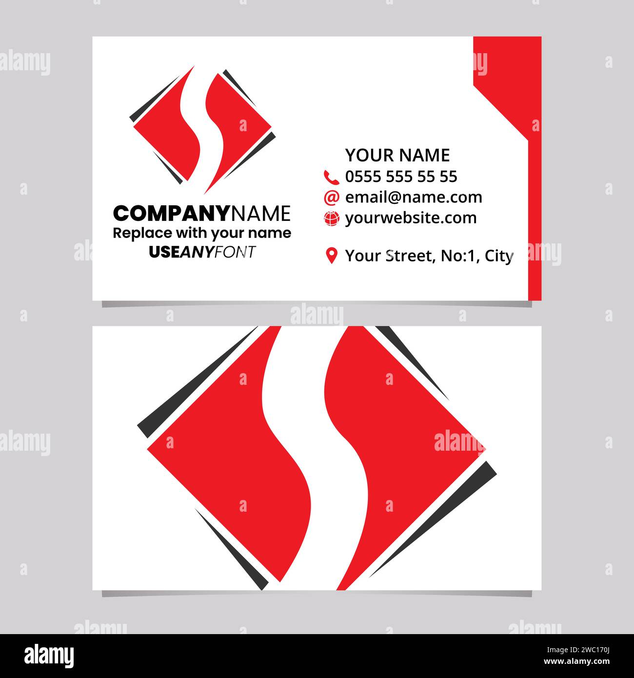 Red and Black Business Card Template with Square Diamond Letter S Logo Icon Over a Light Grey Background Stock Vector