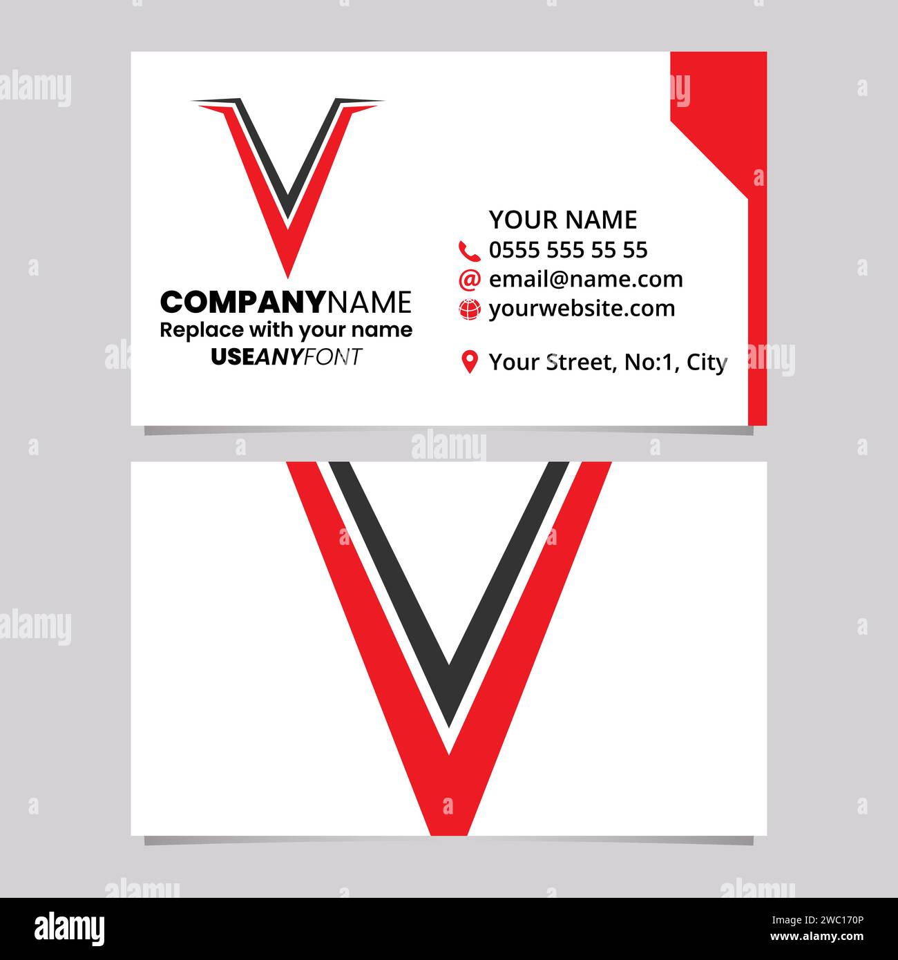 Red and Black Business Card Template with Spiky Shaped Letter V Logo Icon Over a Light Grey Background Stock Vector