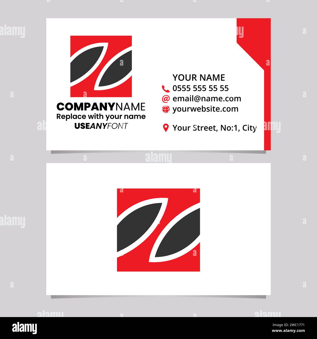 Red and Black Business Card Template with Square Letter Z Logo Icon Over a Light Grey Background Stock Vector
