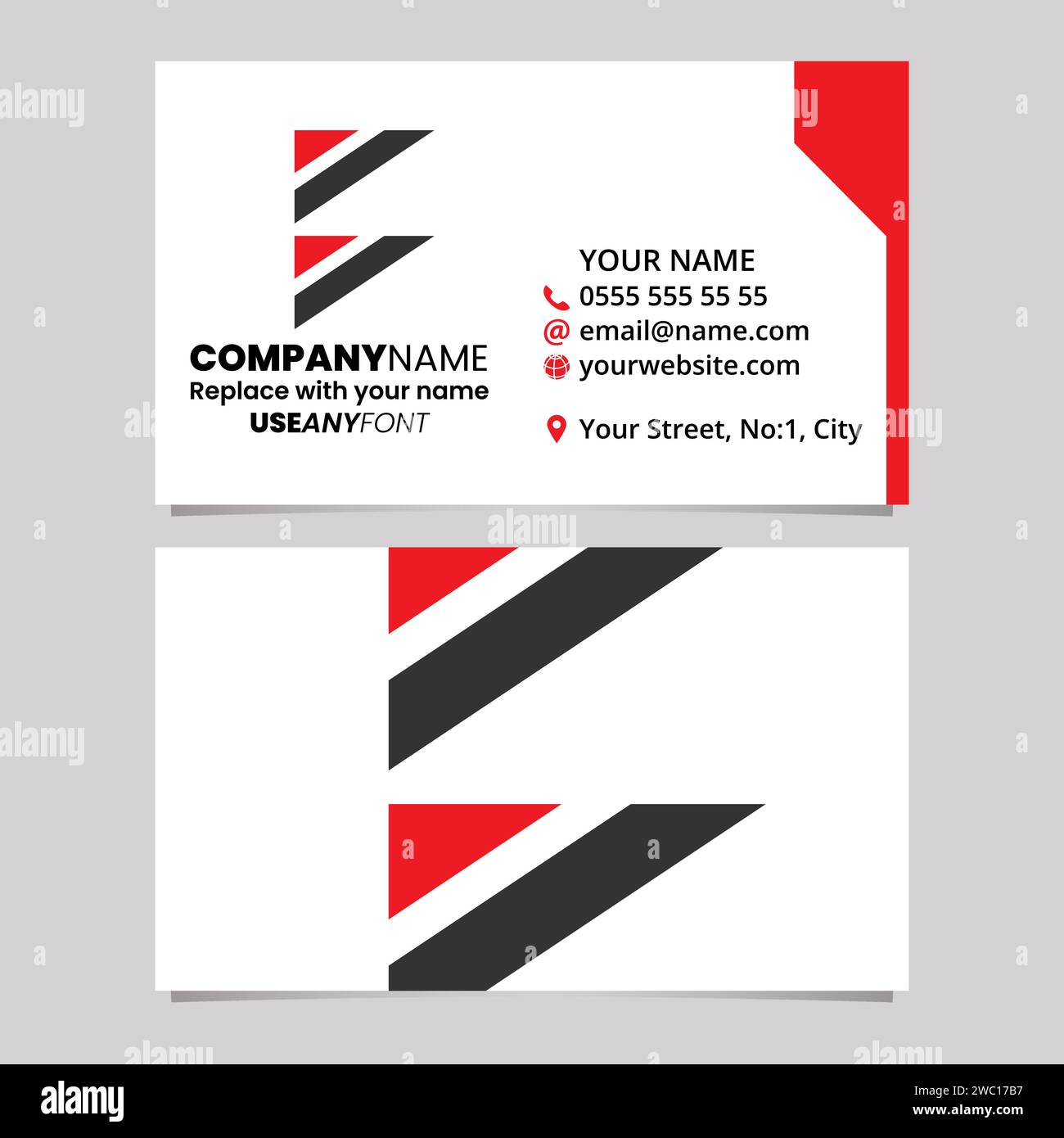 Red and Black Business Card Template with Triangular Flag Shaped Letter B Logo Icon Over a Light Grey Background Stock Vector